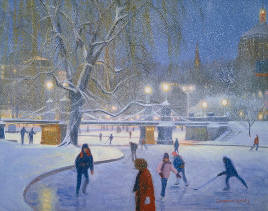 Snow, hockey, skaters, frozen pond, Boston