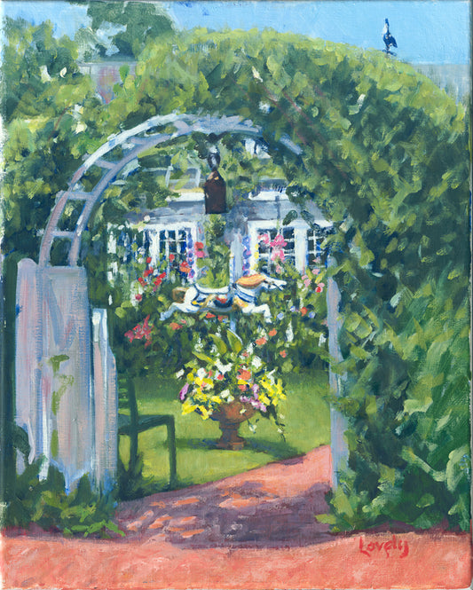 Garden, garden view, flowers, arch, carousel horse