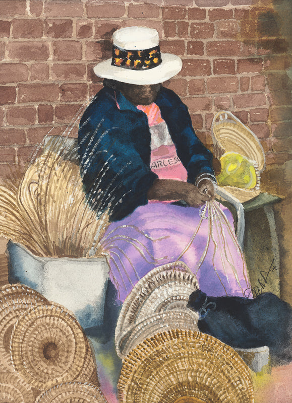 Lady crafting baskets, sweetgrass baskets, basket maker