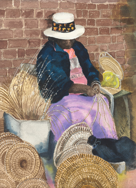 Lady crafting baskets, sweetgrass baskets, basket maker