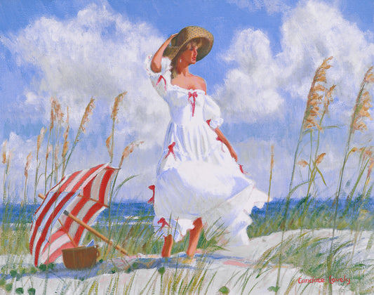Beach, umbrella, woman in white dress