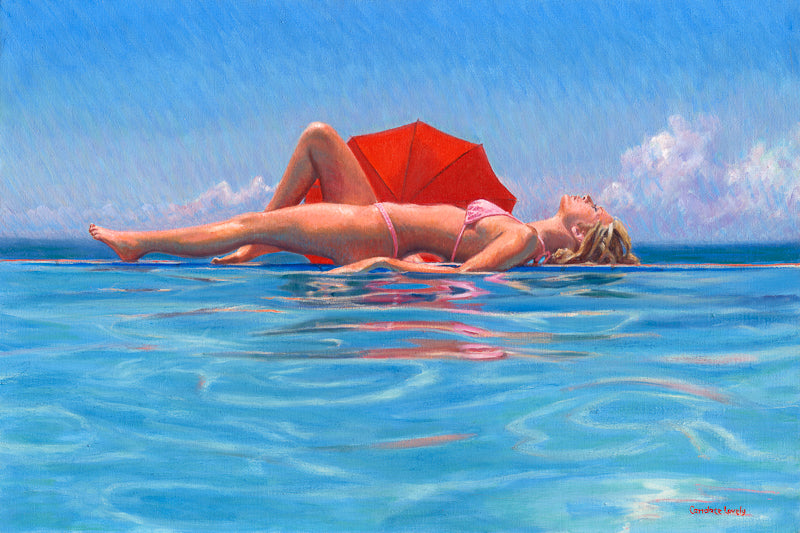 Beach, Bikini, red umbrella, water