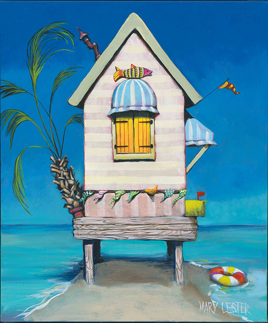 beach house pink whimsical painting