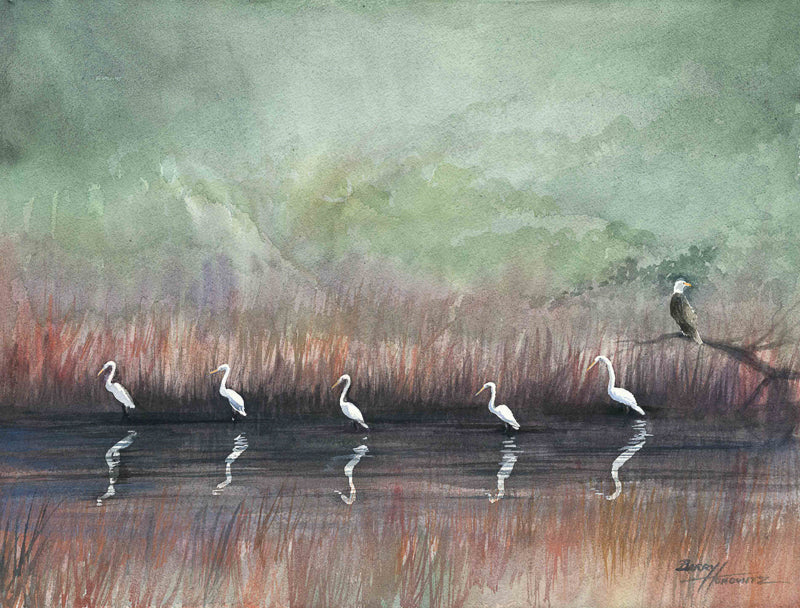 Lowcountry watercolor painting Egrets and eagle by artist Barry Honowitz