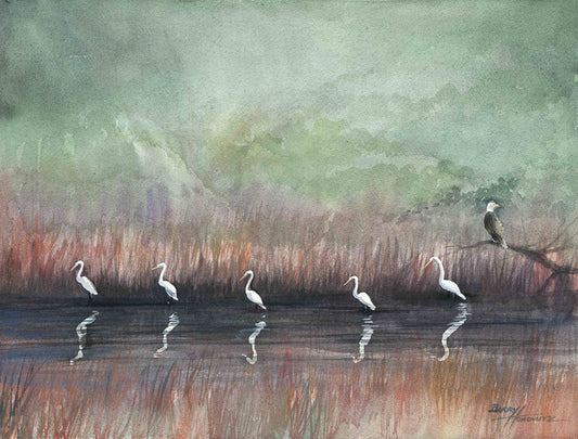 Lowcountry watercolor painting Egrets and eagle by artist Barry Honowitz