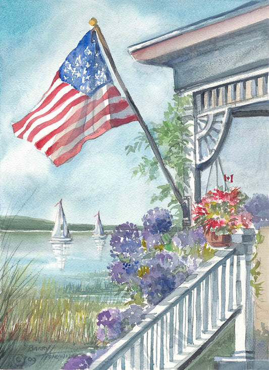 American flag painting Hydrangeas and sailboats