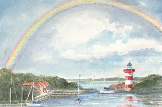 Harbour toen lighthouse with a rainbow, watercolor, Painting