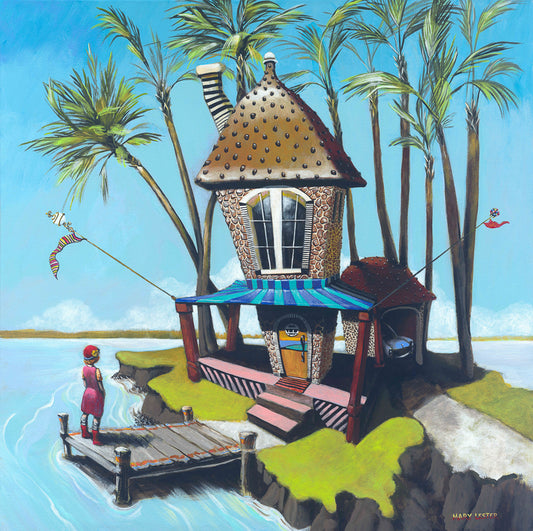 Stylized painting of house on an island
