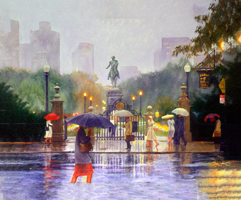 rainy day, umbrellas, street with people, colorful painting