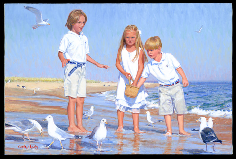 Children at the beach, feeding seagulls