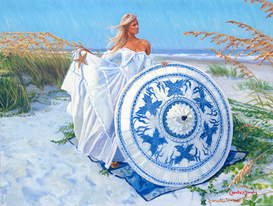 woman in white dress, beach, umbrella