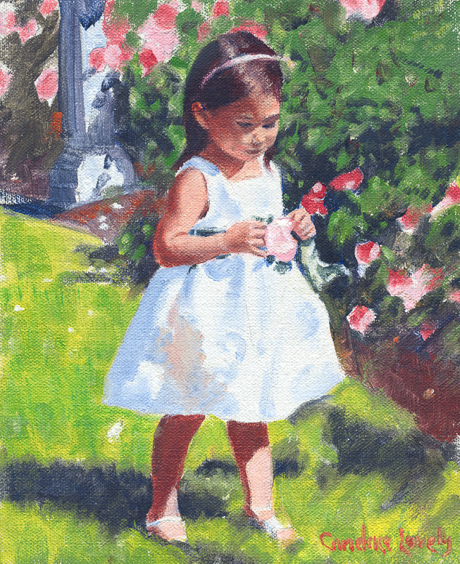 Little girl in white dress, roses