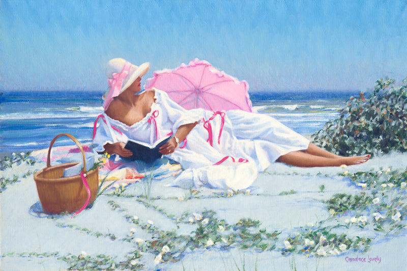 Beach, woman in white dress, pink umbrella, marsh mallows, relaxing painting