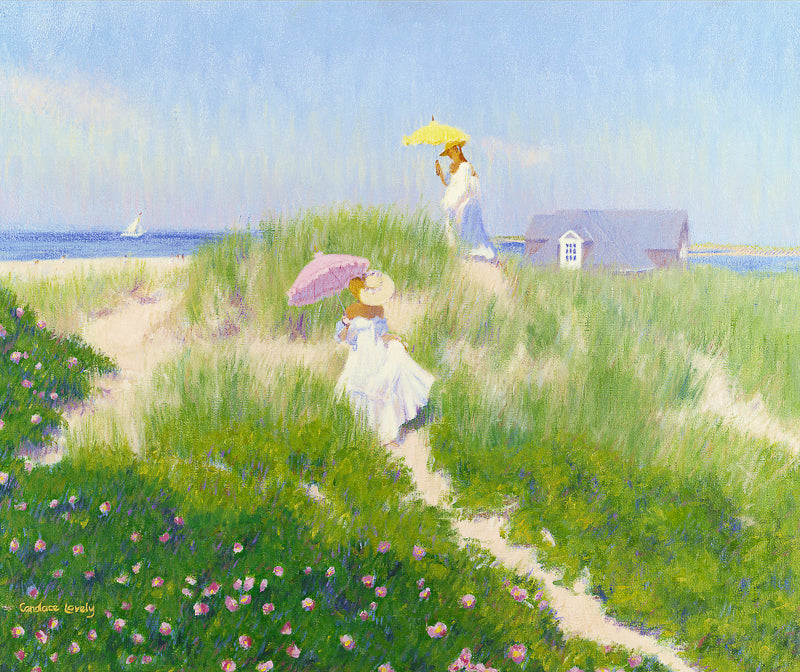 Nantucket, beach, dunes, women with umbrellas, romantic painting