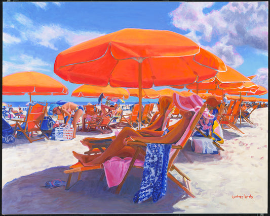 Hilton Head, Beach, orange umbrellas, bright colorful painting