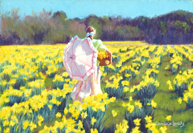 Daffodils, Daffodil Farm, Bluffton, Woman in pink dress