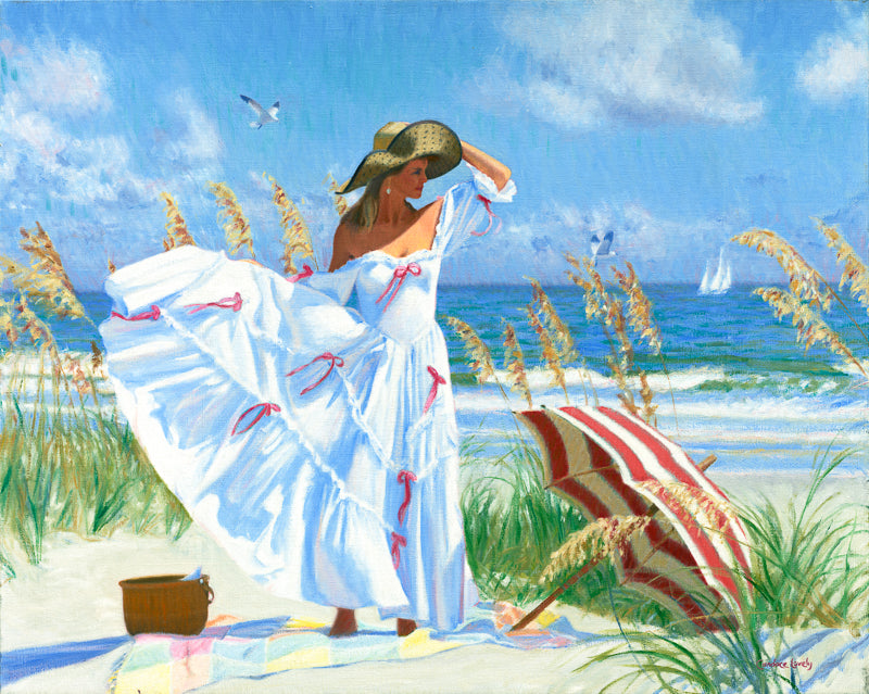 woman in white dress, beach, umbrella, romantic