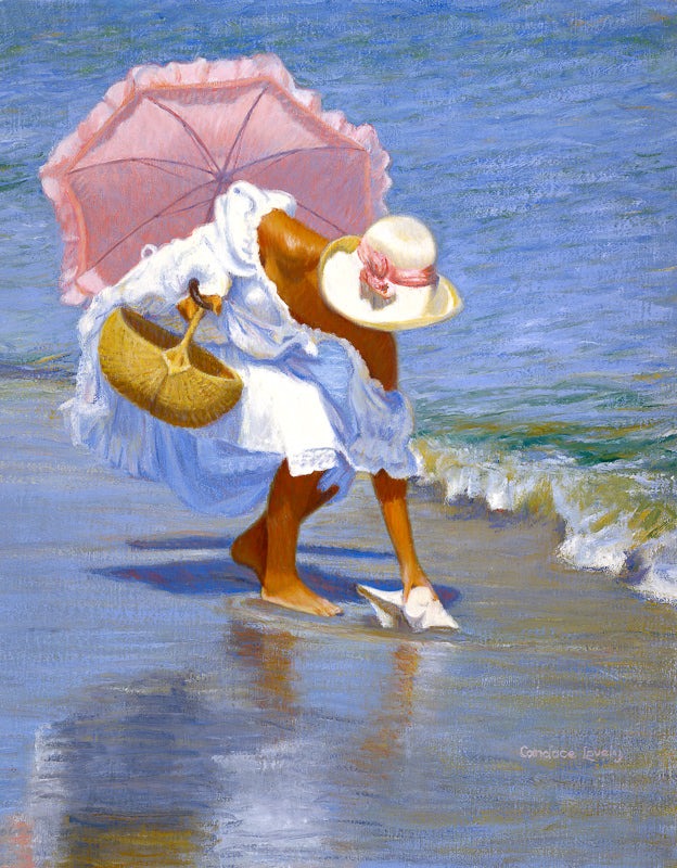 woman in white dress, beach, shelling, seashell