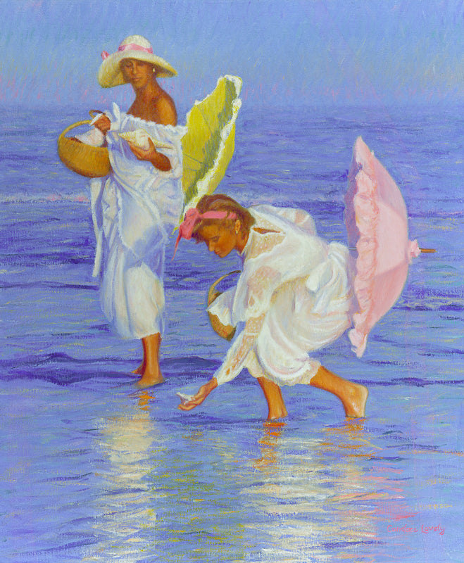 Beach, ocean, shelling, ladies in white dresses and umbrellas, romantic painting