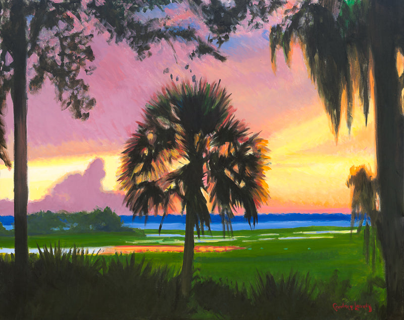 Sunset, Skull Creek, Palm Tree, colorful painting