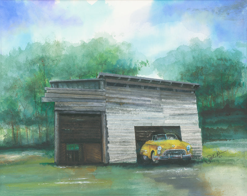 Classic car, tobacco barn, 