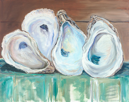 Oyster shell painting, blue and green painting