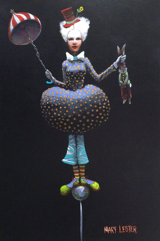 Lowcountry artist Mary Lester Whimsical Painting woman dreamscape rabbit circus