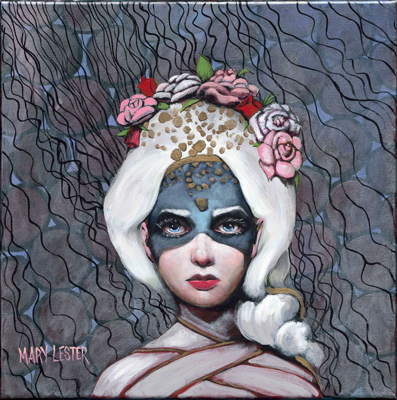 Whimsical painting of woman with mask and roses
