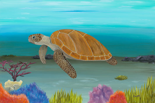 Sea turtel, ocean life, colorful underwater painting with turtle