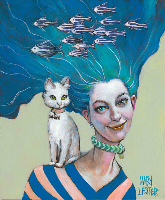 Lowcountry artist Mary Lester Whimsical Painting blue haired woman dreamscape Cat catfish