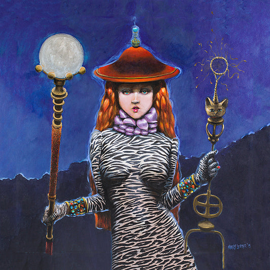 whimsical painting of a woman wizard, red hat