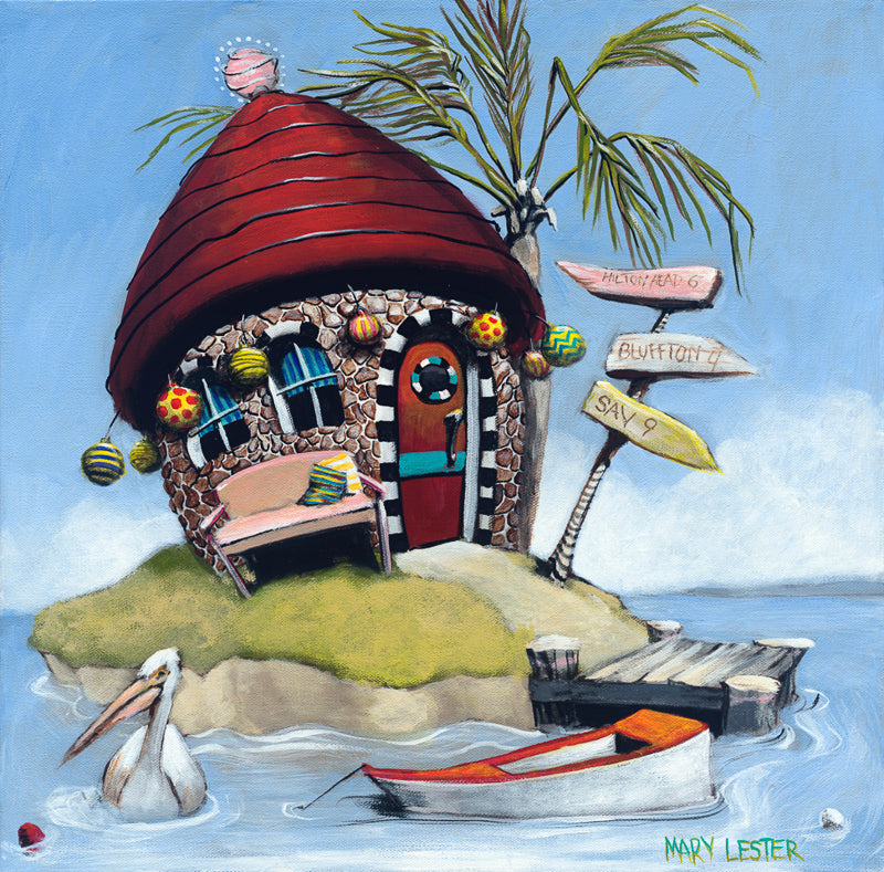 Whimsical painting of house on an island with pelican, bluffton, hilton head