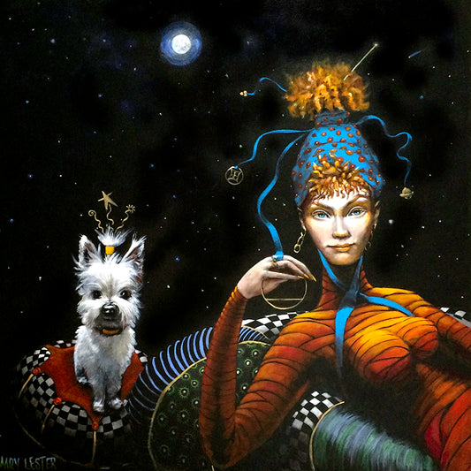 whimsical woman with red hair and westie dog