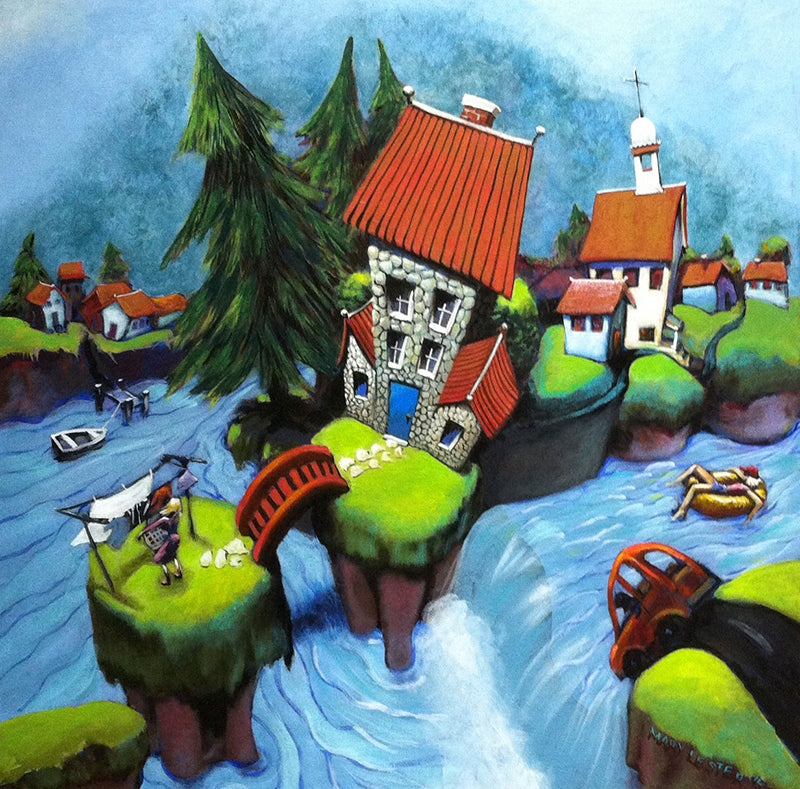 whimsical colorful painting houses on islands.
