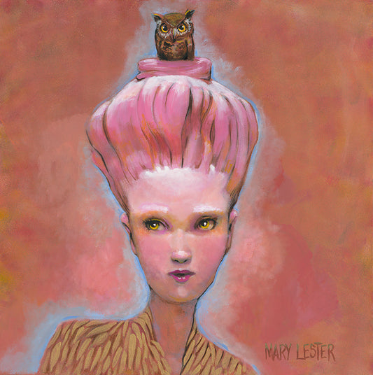 whimsical woman with pink hair and an owl