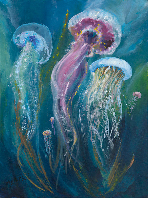 Jellyfish, colorful painting, sea life, coastal decor