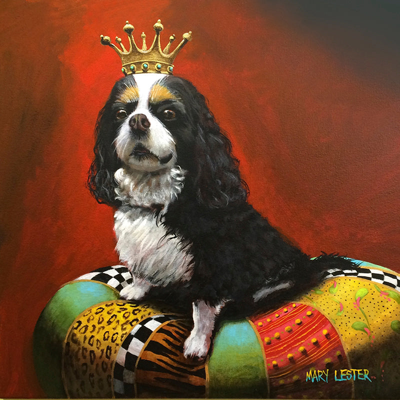 King Charles Spaniel with a crown, brightly colored painting