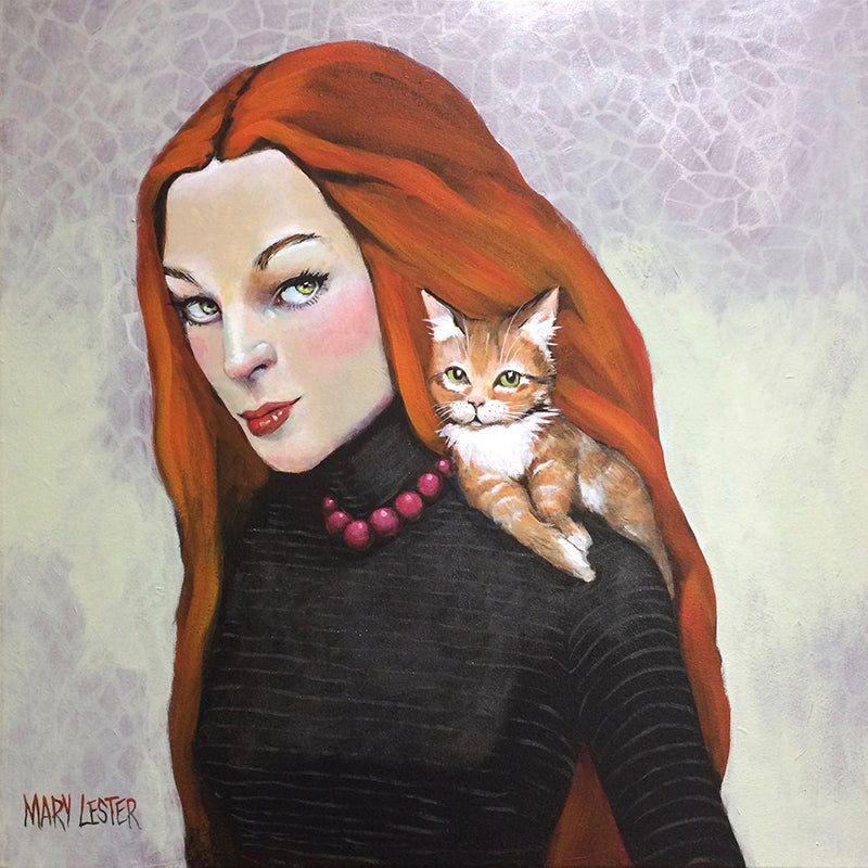 woman with red hair and a cat