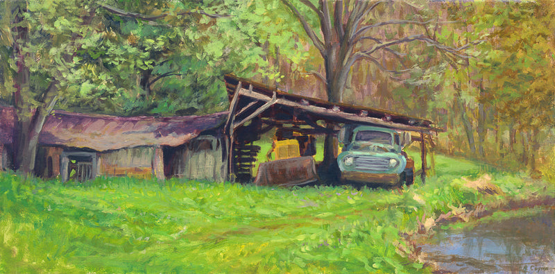 Barn with vintage pick up truck painting