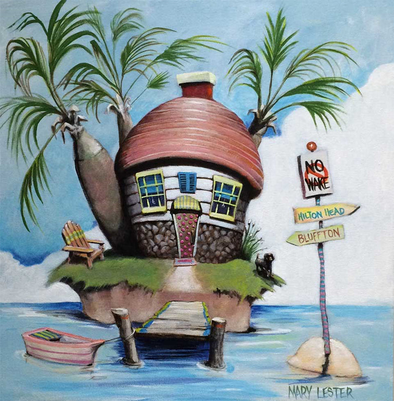 whimsical stylized painting of a house on an island, bluffton, hilton head