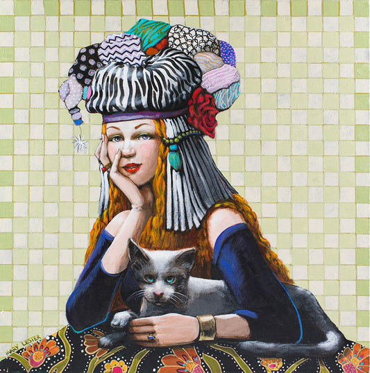 whimsical woman with a hat and cat