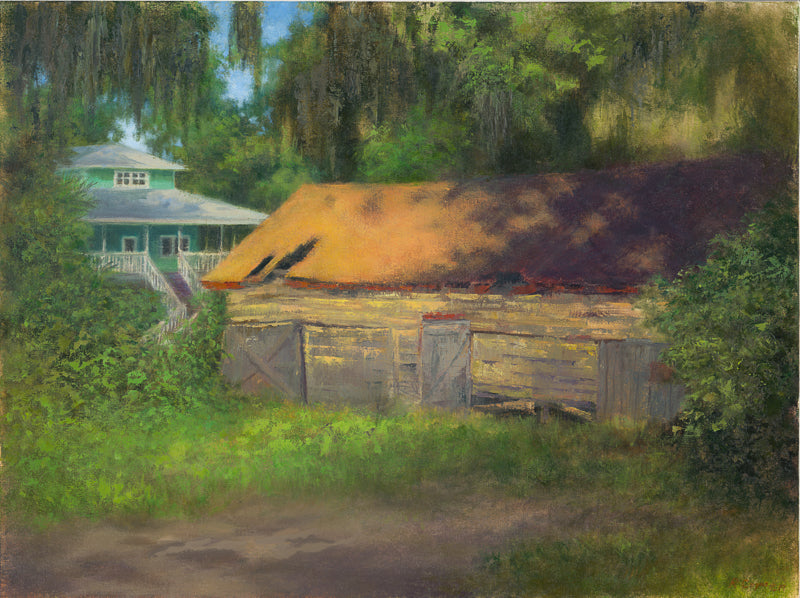old barn and green house pastel painting