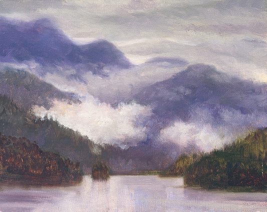misty mountains lake painting