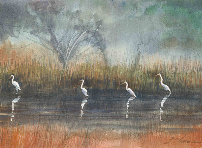 Lowcountry watercolor painting Egrets by artist Barry Honowitz 