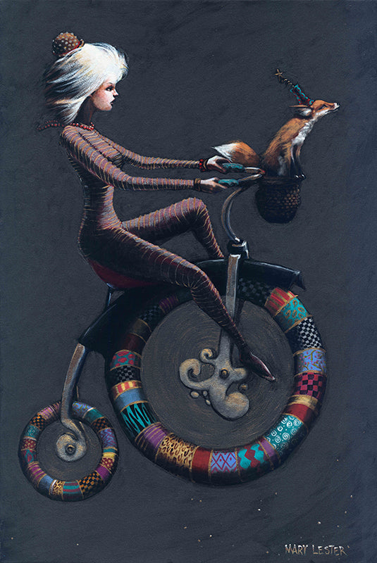 Whimsical painting, woman on a bicycle with a fox